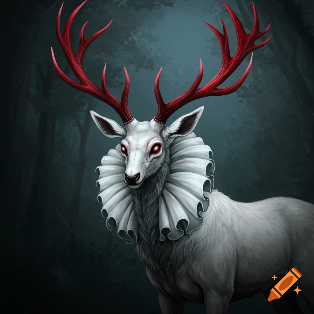 A scary white deer with red antlers and a ruffled collar in a dark forest.