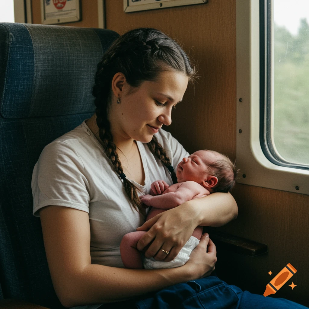 Photorealistic portrait of a mother holding her newborn baby on a train.