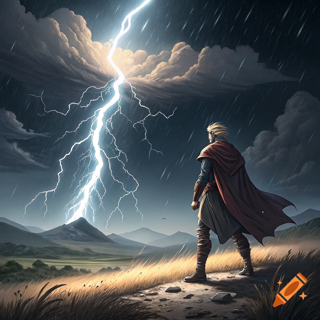 A figure in a red cape watches as lightning strikes a mountain during a rainstorm.