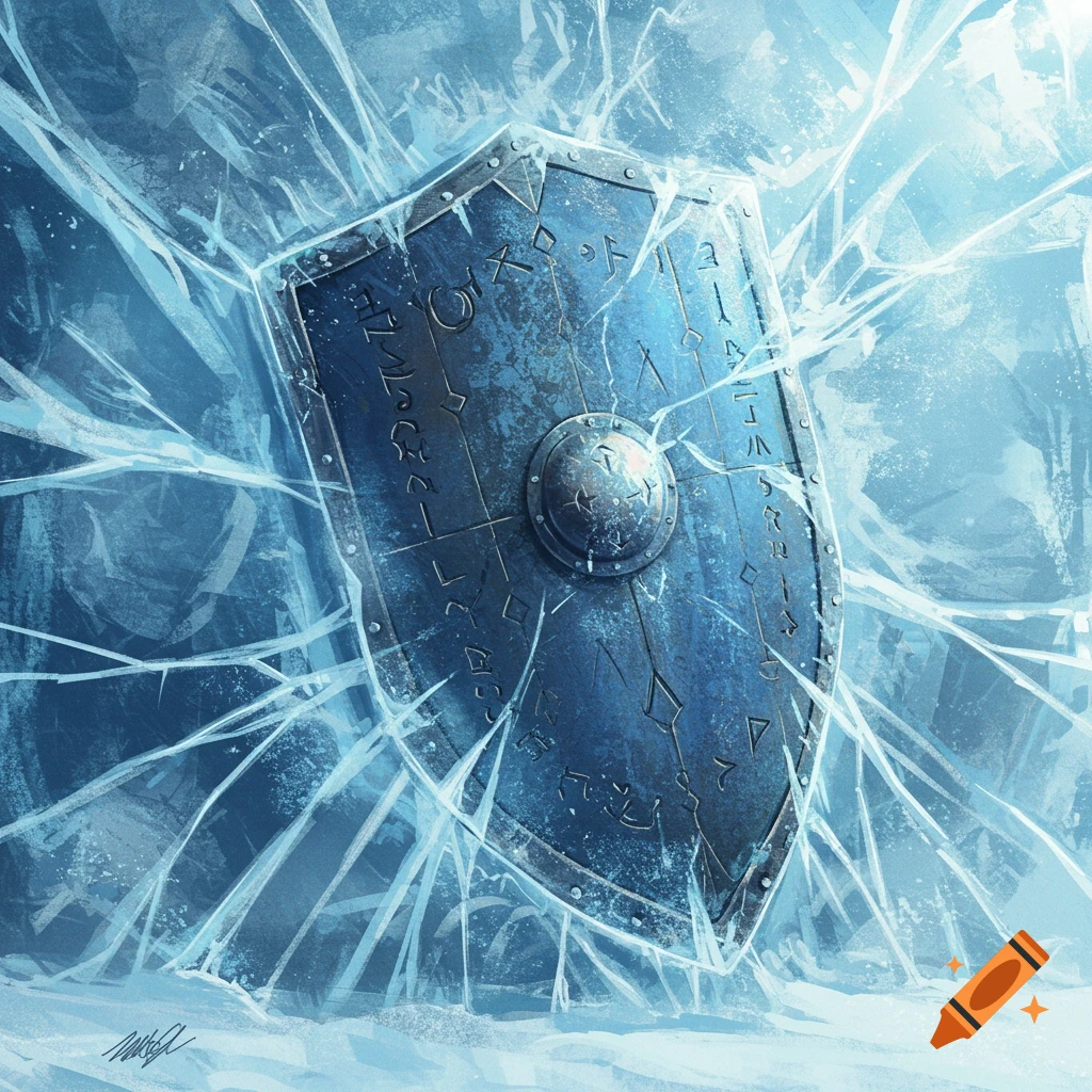 A rune-covered shield frozen in ice.