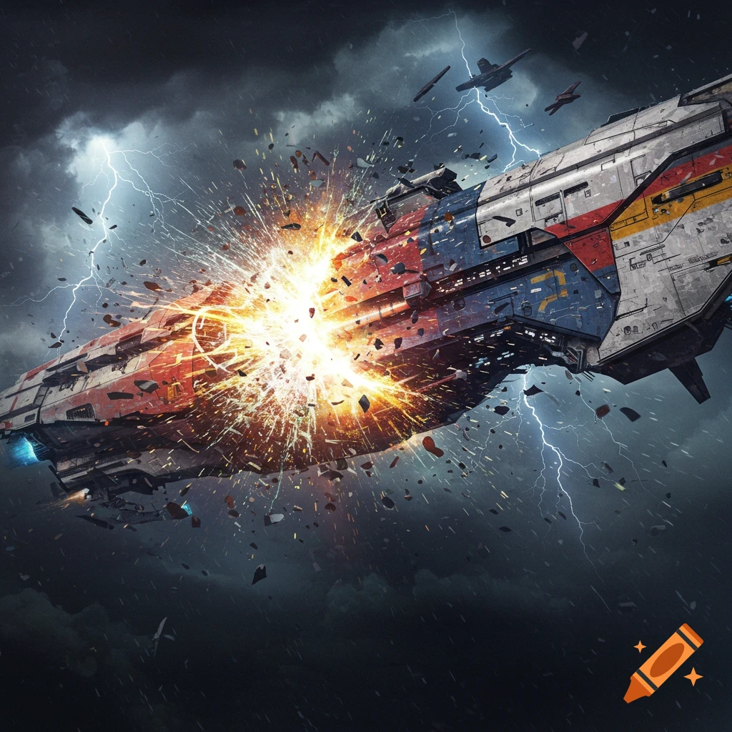 A large spacecraft exploding amidst lightning and debris in a dark storm sky.