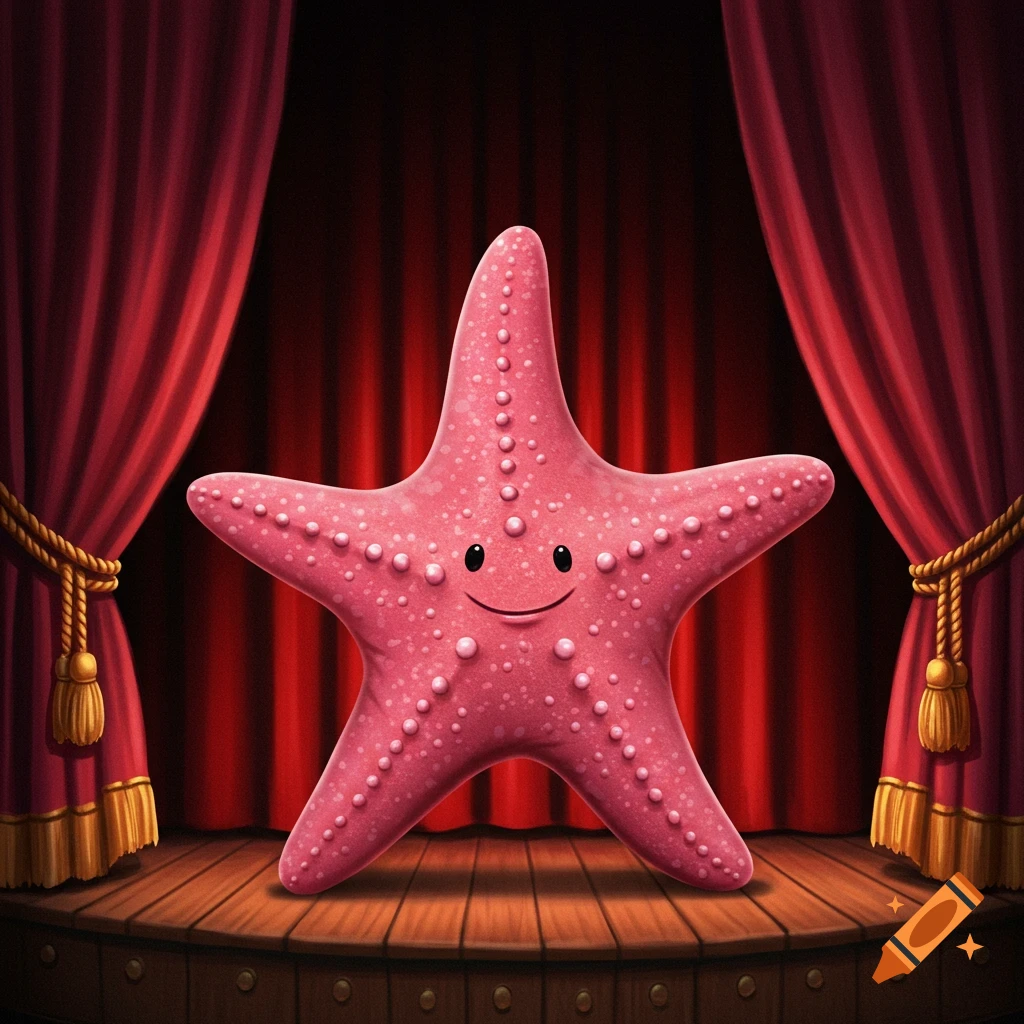 A cartoon pink starfish stands on a stage with red curtains.