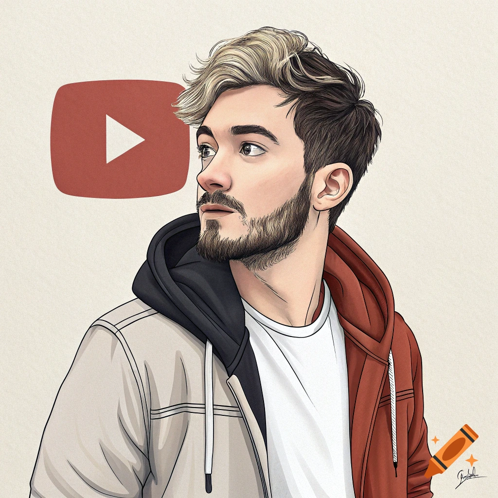 Illustration of a man with beard and highlights next to a YouTube logo.