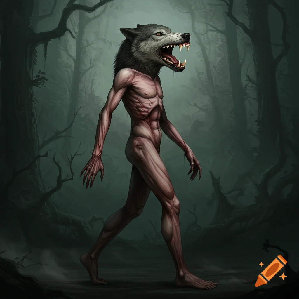 a creature with a wolf head and exposed muscles walking through a dark forest.