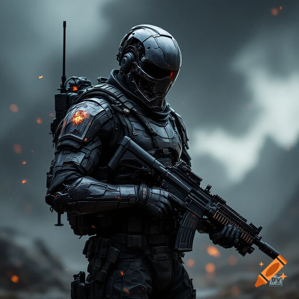 Realistic digital art of a futuristic soldier in black armor holding a rifle against a smoky background.