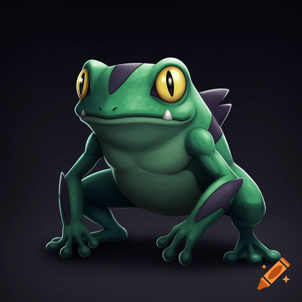 A stylized green frog creature with yellow eyes and purple markings in a crouched pose against a dark background.