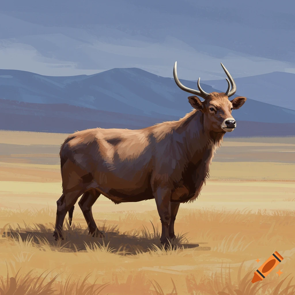An elk standing in a field with mountains.