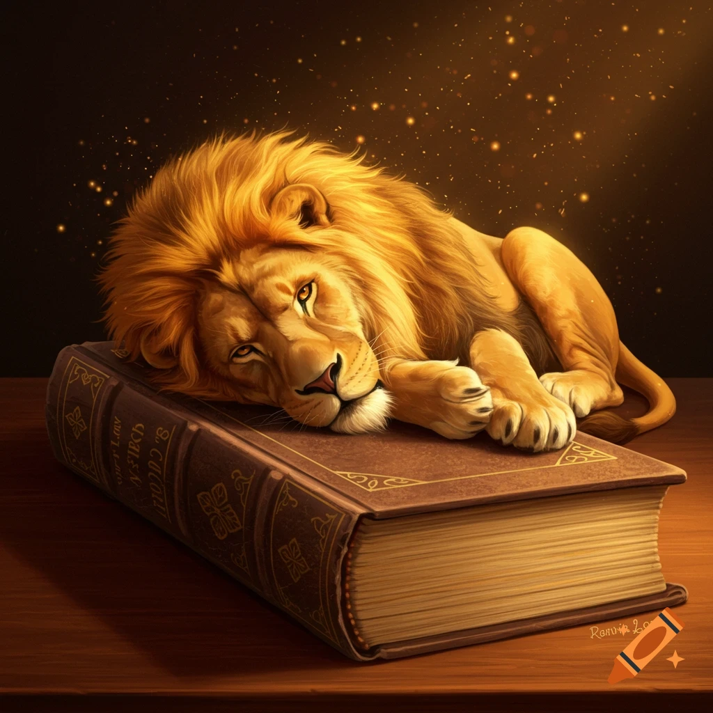 A majestic lion resting on a large, antique book.
