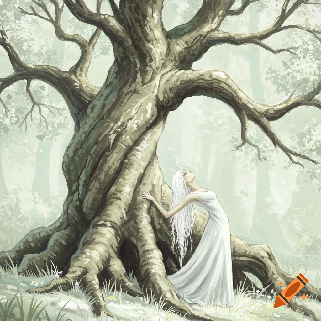 A pale woman in a white dress touches a large tree in a forest.