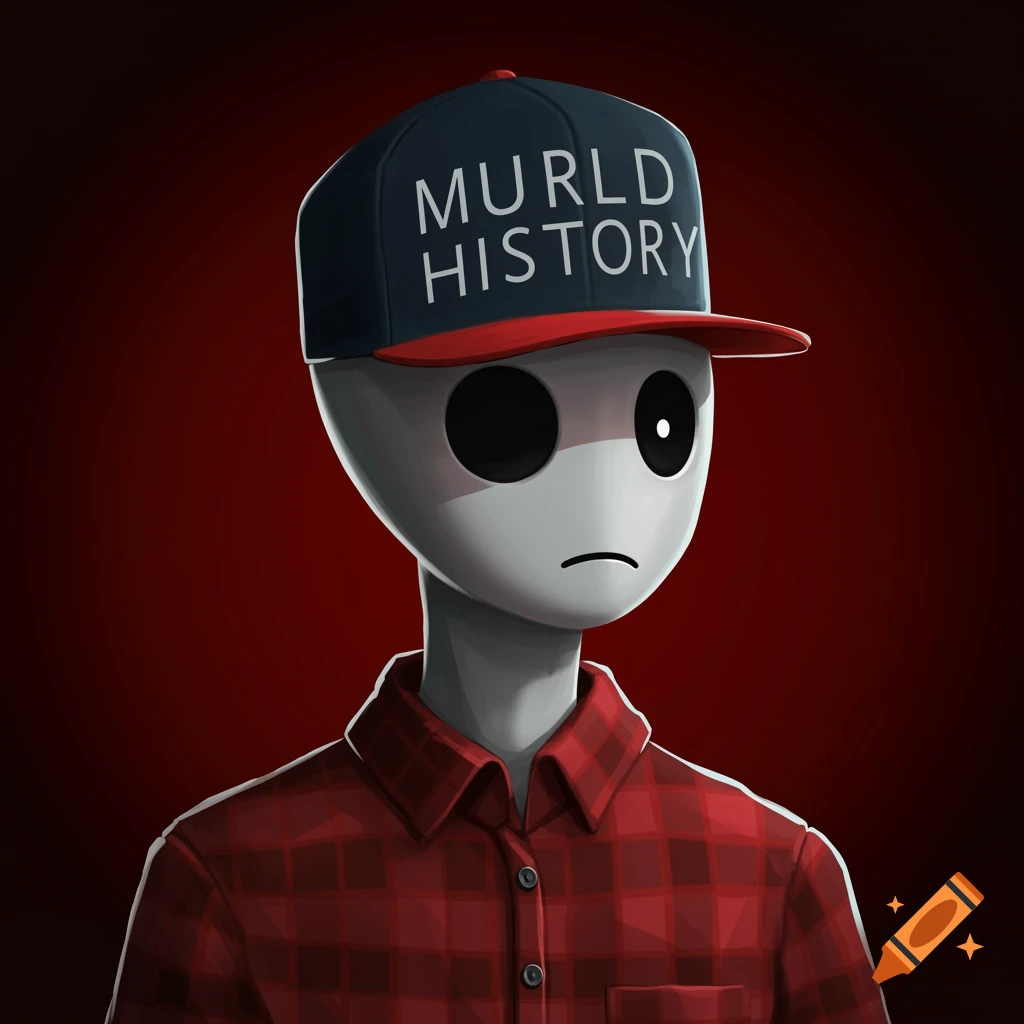 Stylized alien-like character in a plaid shirt and cap with text