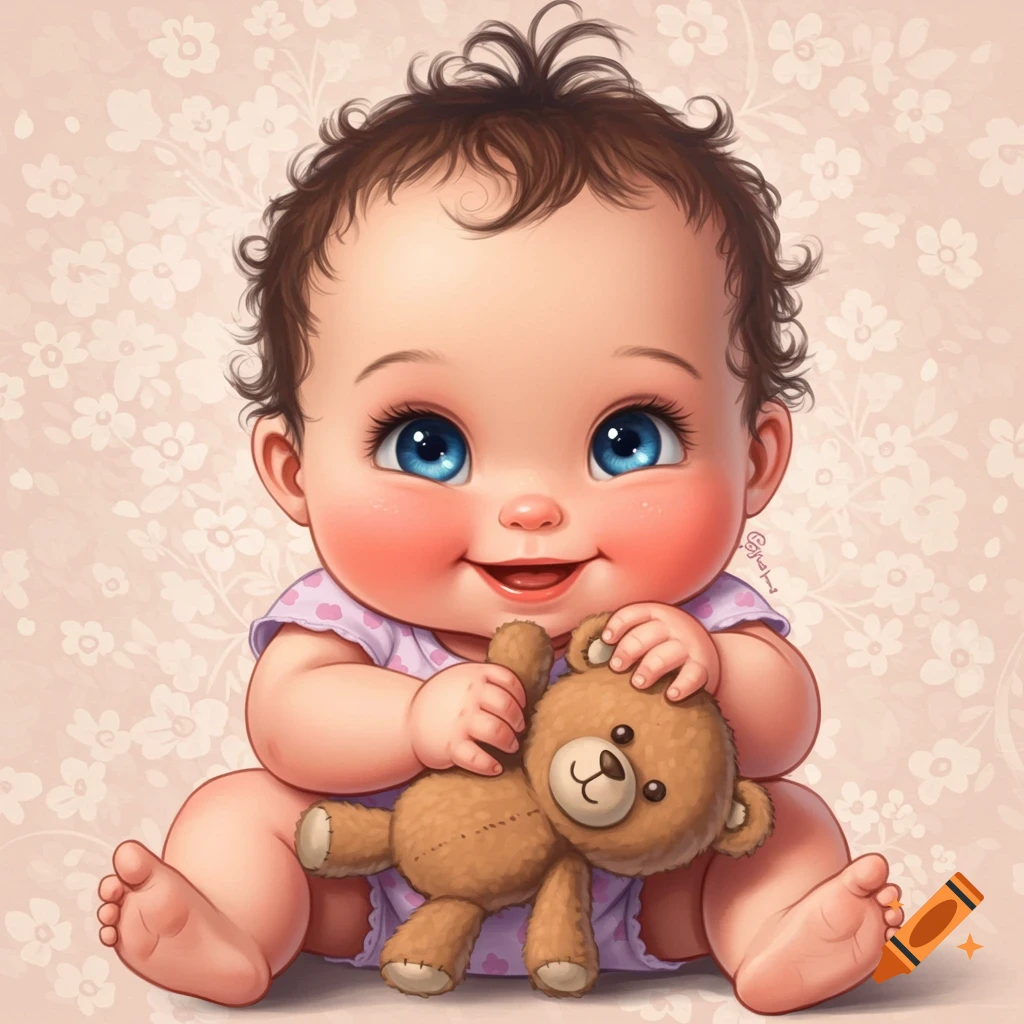 Illustration of a cute baby girl with curly hair and blue eyes holding a teddy bear.