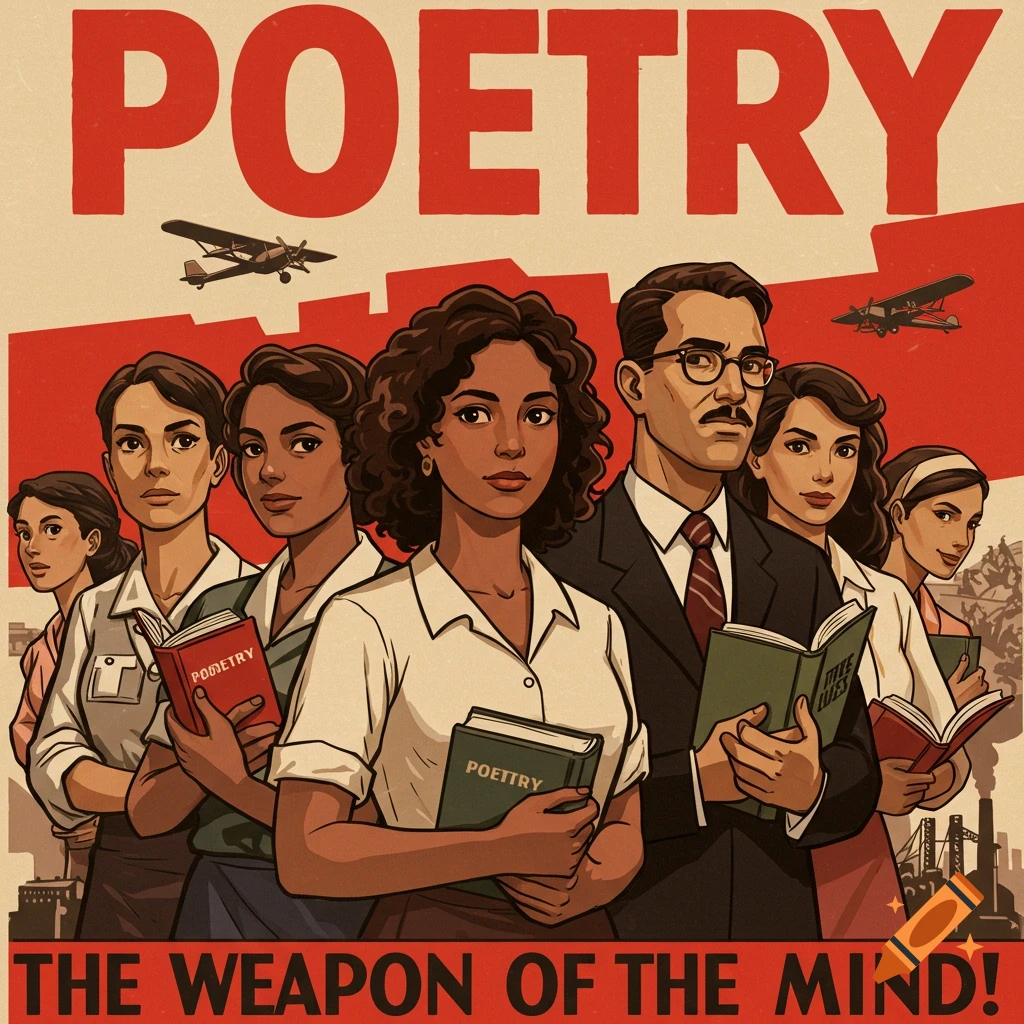 Propaganda illustration of diverse people holding books, with 'POETRY' and 'THE WEAPON OF THE MIND!' text.