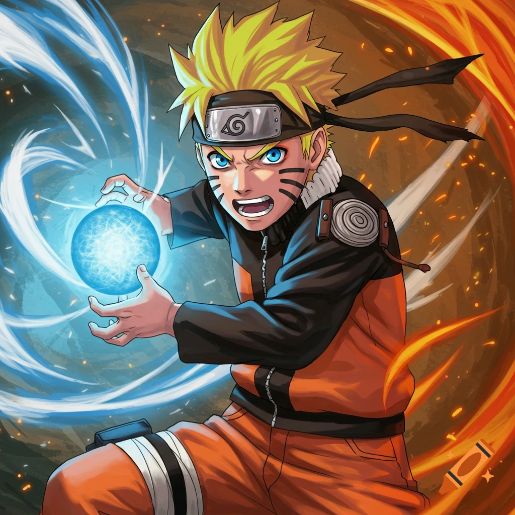 Naruto Uzumaki holding a glowing blue Rasengan, surrounded by swirling blue and orange energy, anime style