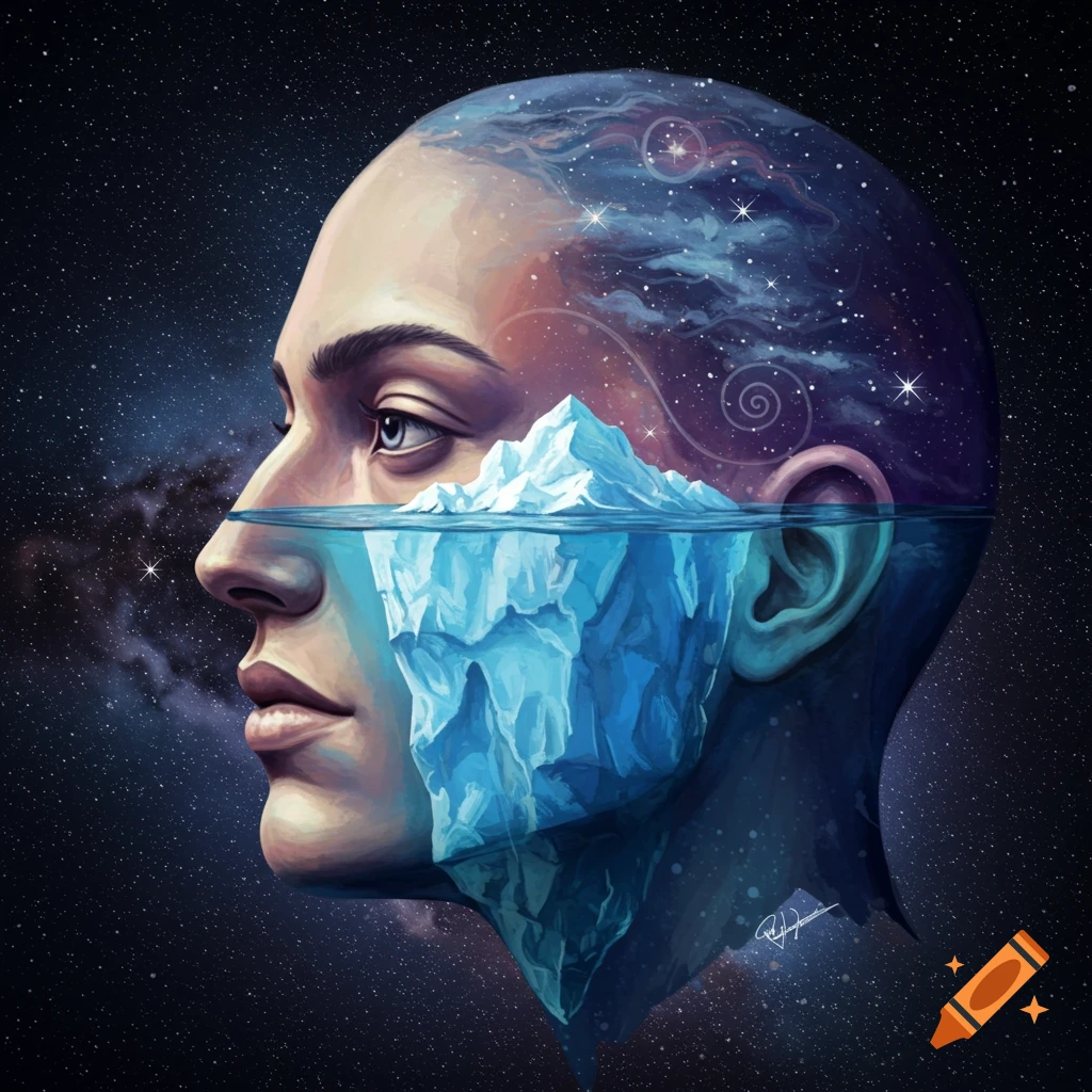 A human head in profile with a starry sky inside the top and an iceberg submerged in water below a surface line.