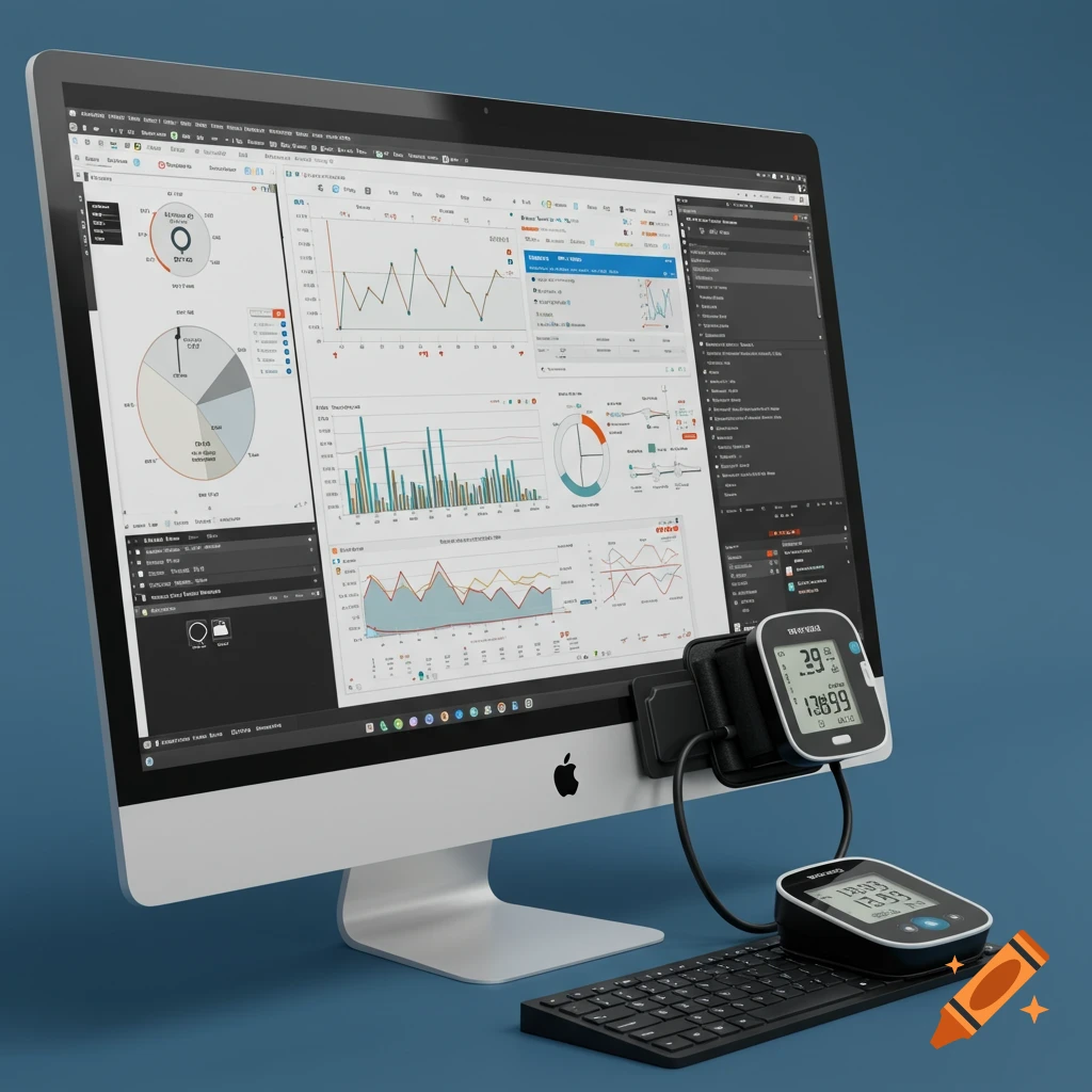 A computer monitor displaying charts with a blood pressure cuff and device attached.