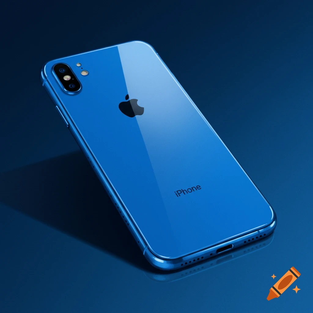 A blue iPhone laying on a surface.