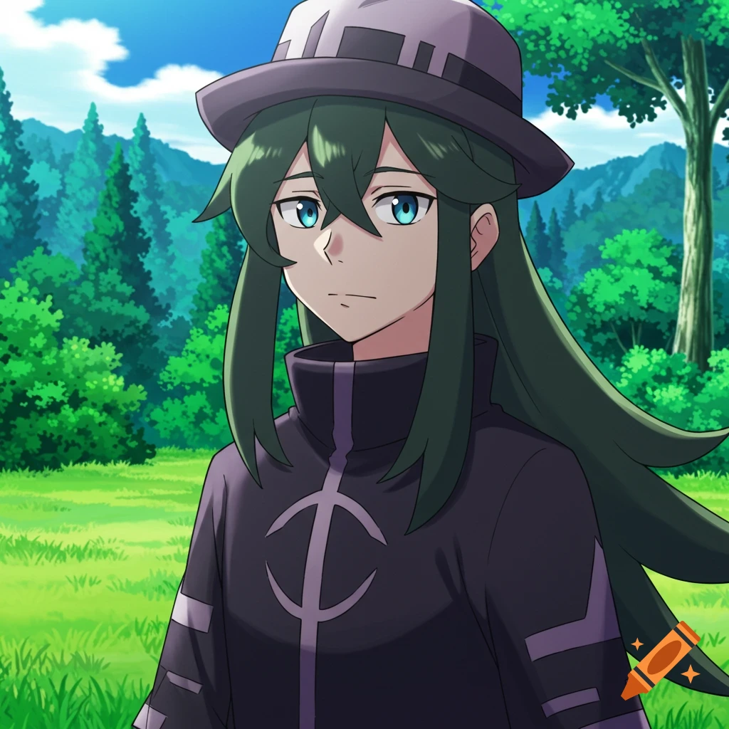 Anime character N from Pokémon in a field with trees and mountains.