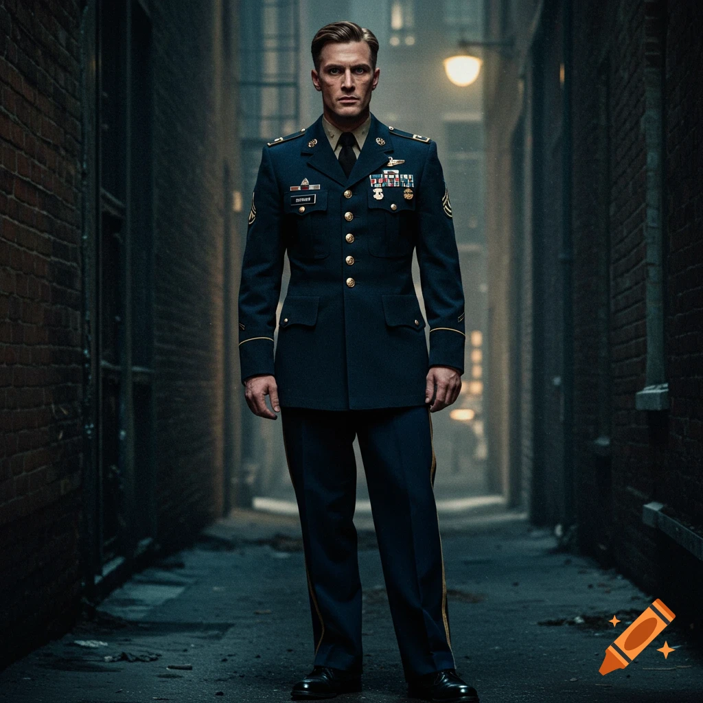 A man in a dark military uniform stands in a dark alleyway.