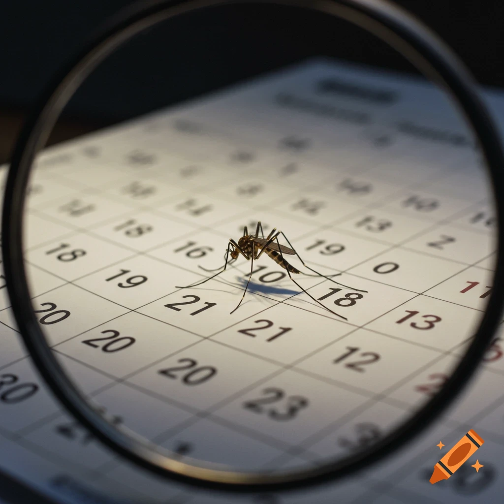 A close-up view of a mosquito sitting on a calendar, seen through a magnifying glass.