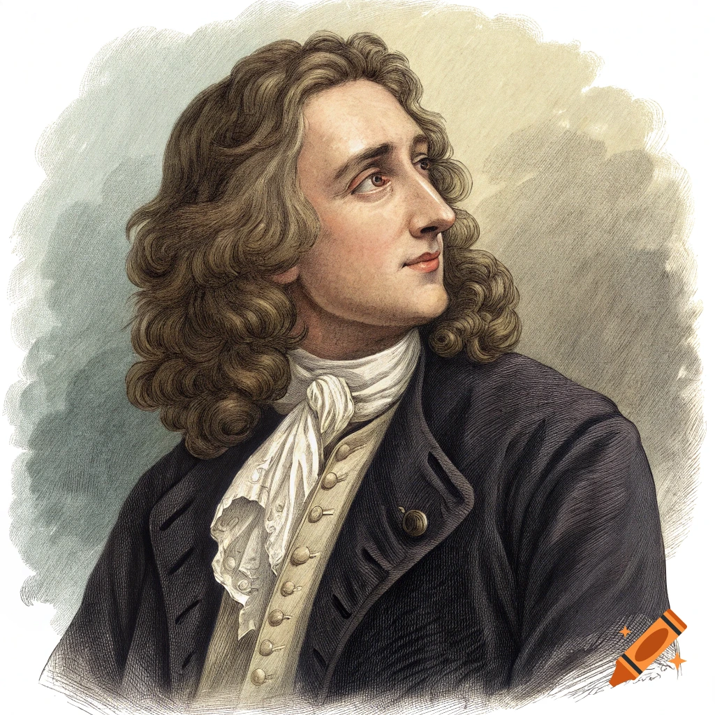 Illustration portrait of a man with long curly hair, wearing a white cravat and dark coat, looking upwards.