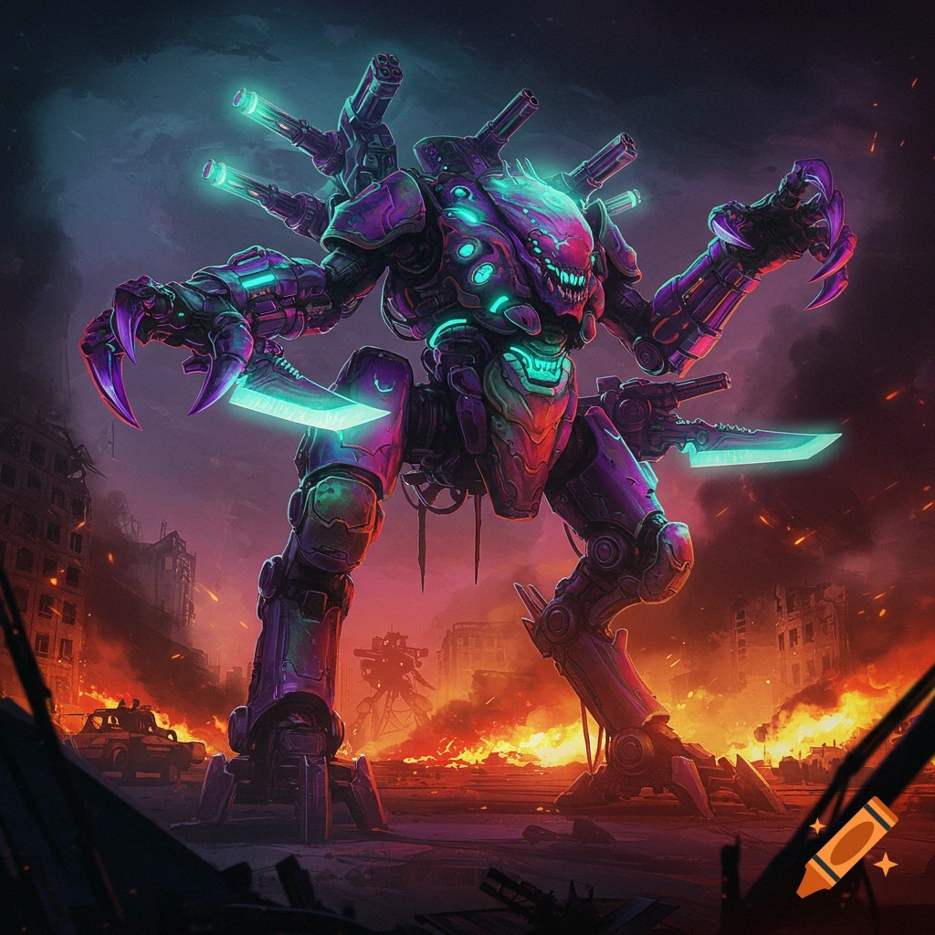 A giant purple and green cybernetic war machine stands in a fiery destroyed city.