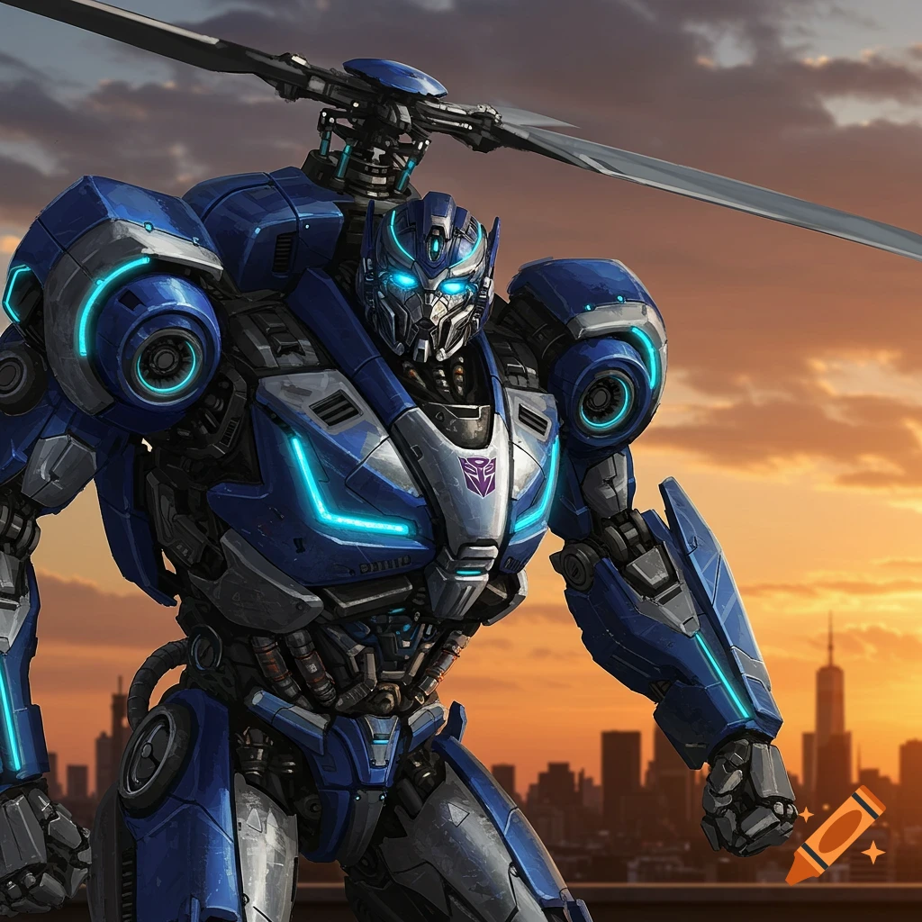 A blue and silver robot with helicopter blades on its back stands before a cityscape at sunset.