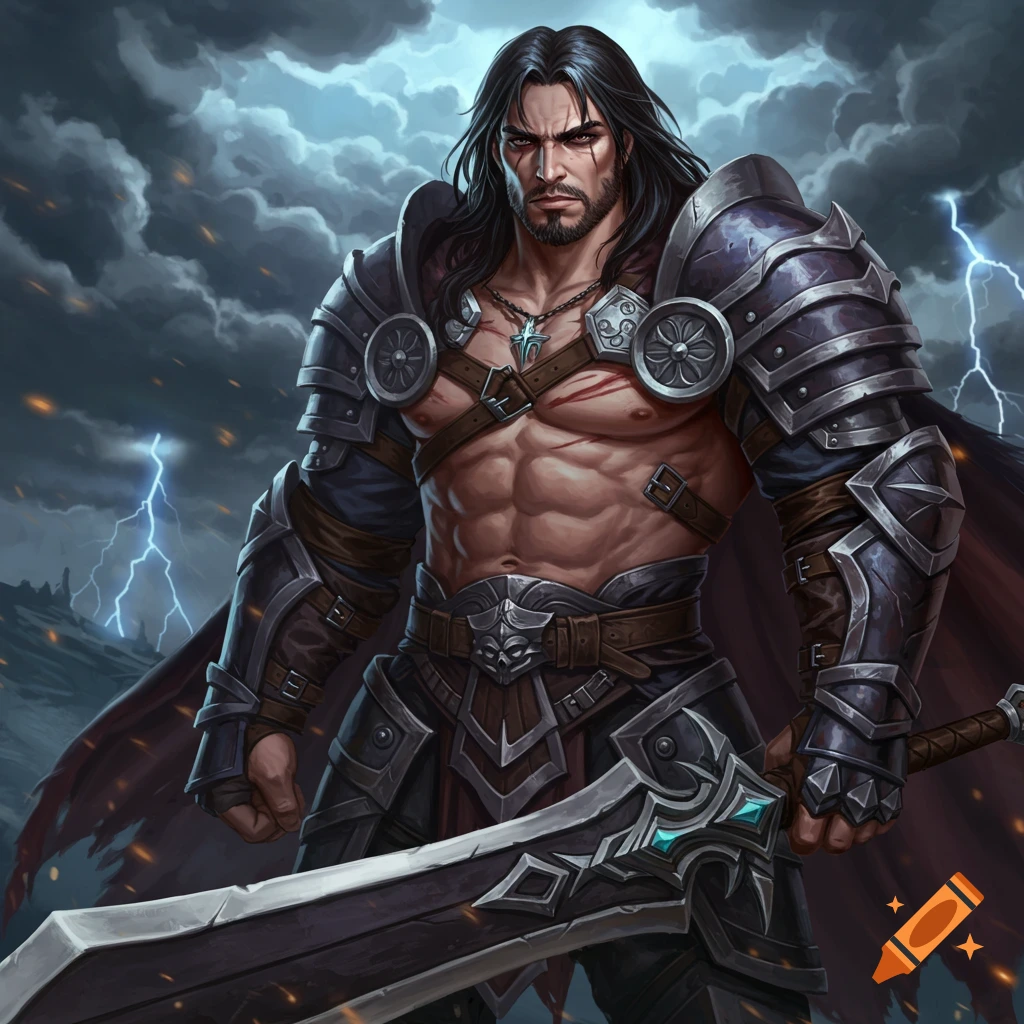 A muscular fantasy warrior in armor holds a sword, with a stormy sky background.