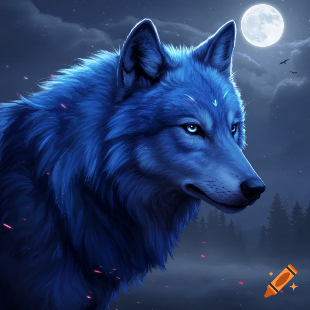Blue wolf with silver eyes looking right, set against a night sky with a full moon and forest.
