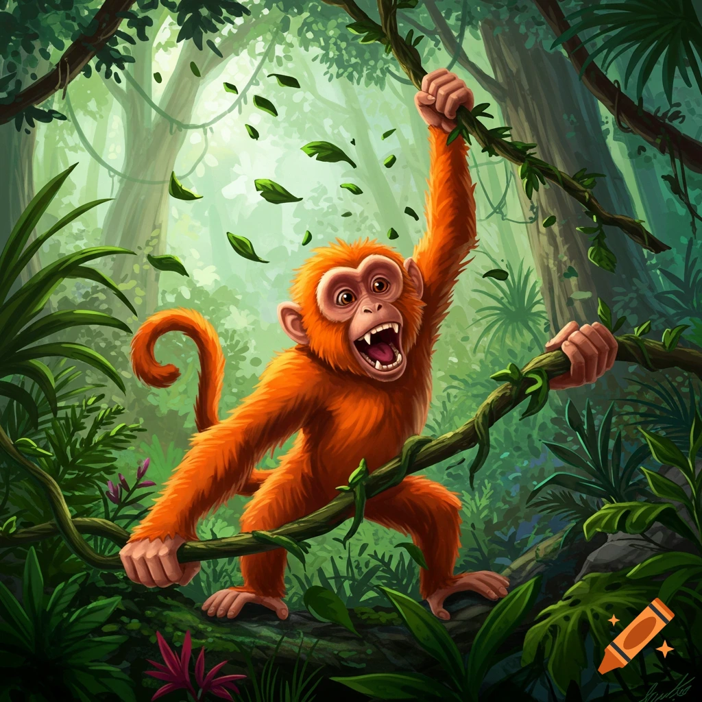 An orange monkey swings on vines in a jungle.