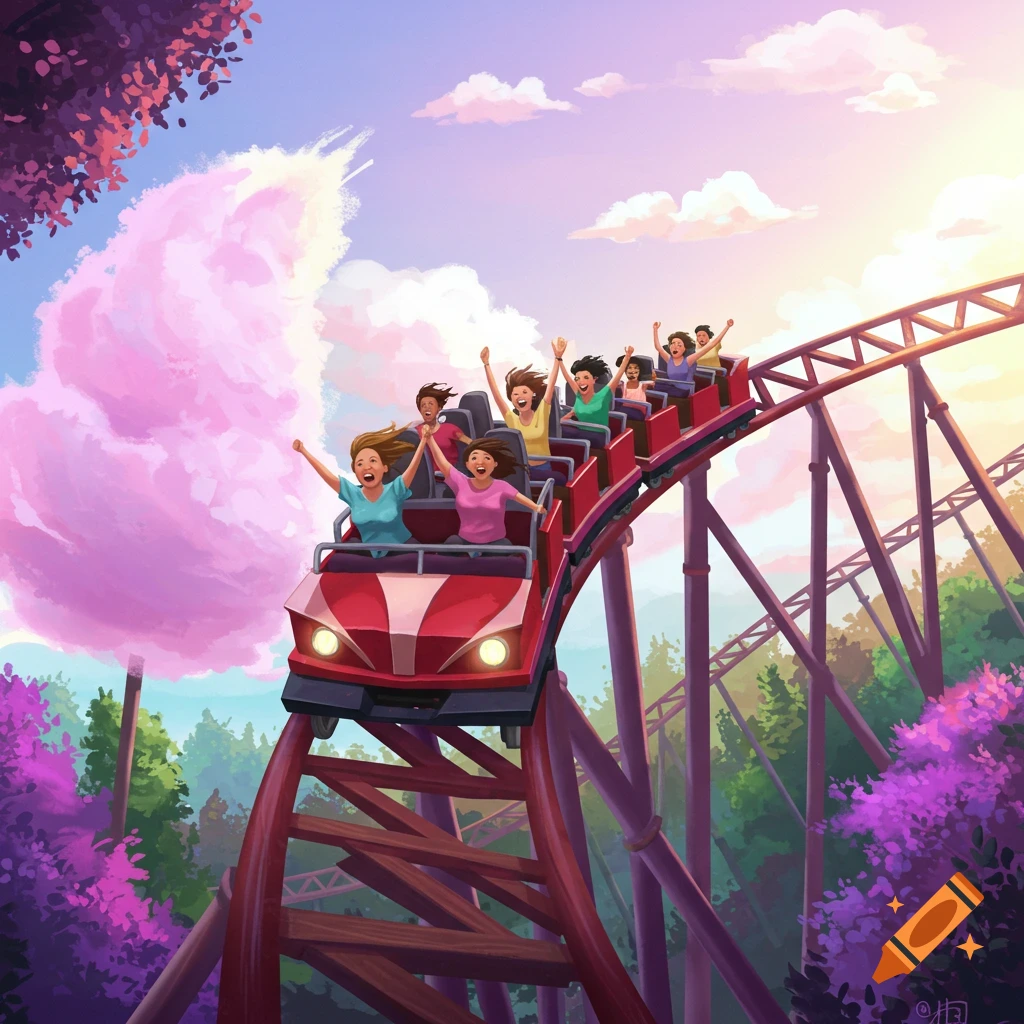 People on a red rollercoaster car, cheering with hands up on a track, with a sunset sky and colorful trees.
