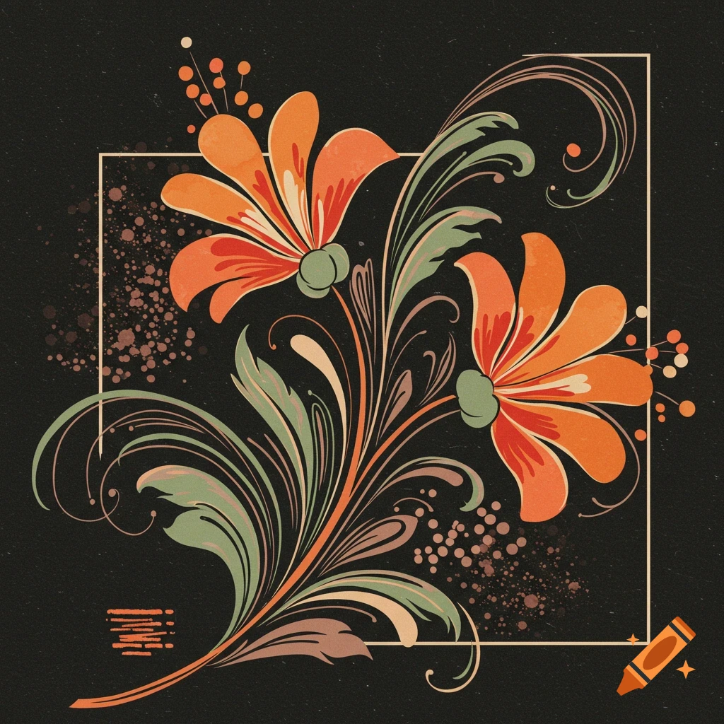 Stylized floral design with orange flowers and green leaves on a dark background within a square border.