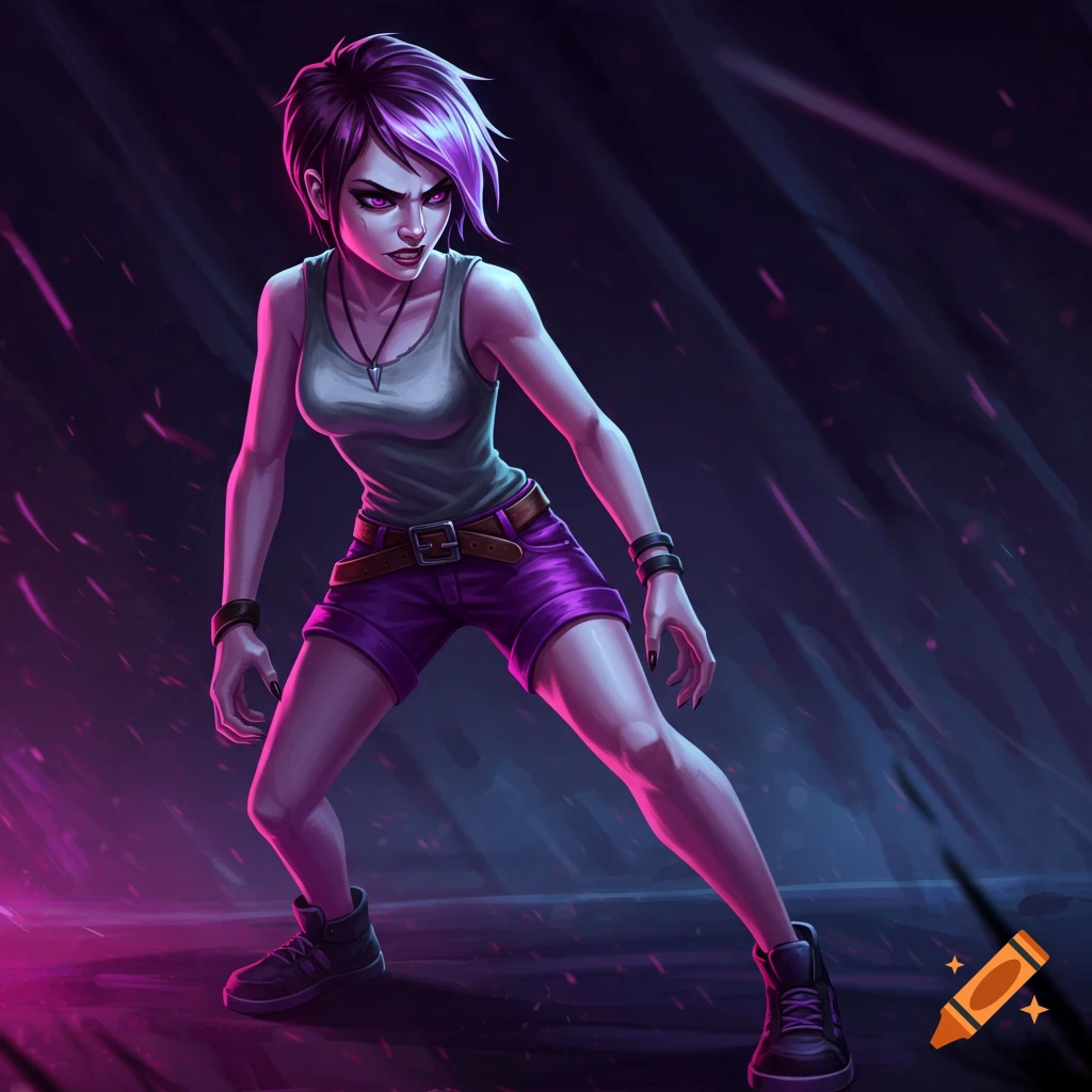 A woman with purple hair in a dynamic pose with dramatic purple lighting