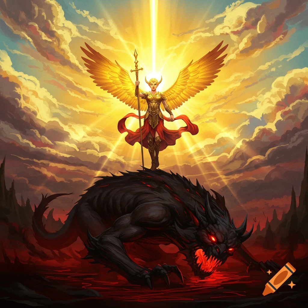 An angelic warrior stands on a defeated dark monster under a dramatic sky.