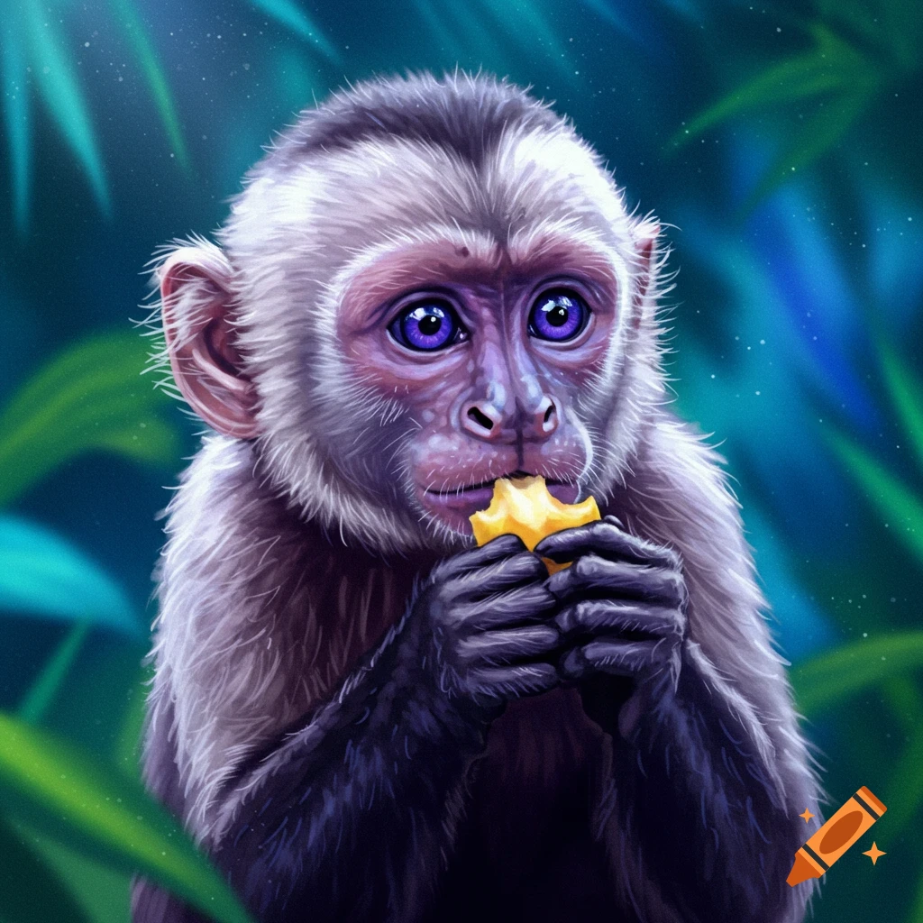 A baby Capuchin monkey with purple eyes eating a piece of yellow fruit in a jungle setting.