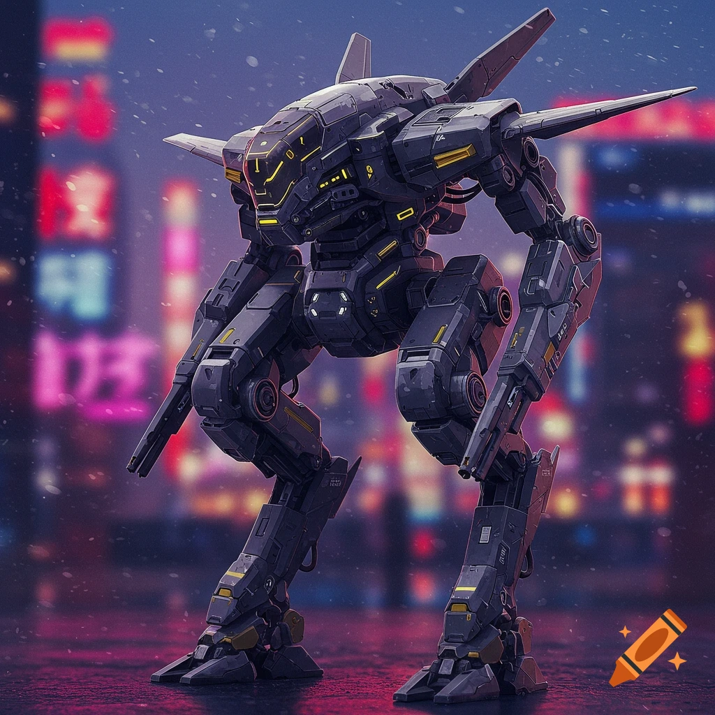 A sleek dark mech stands in a rainy cyberpunk city street at night.