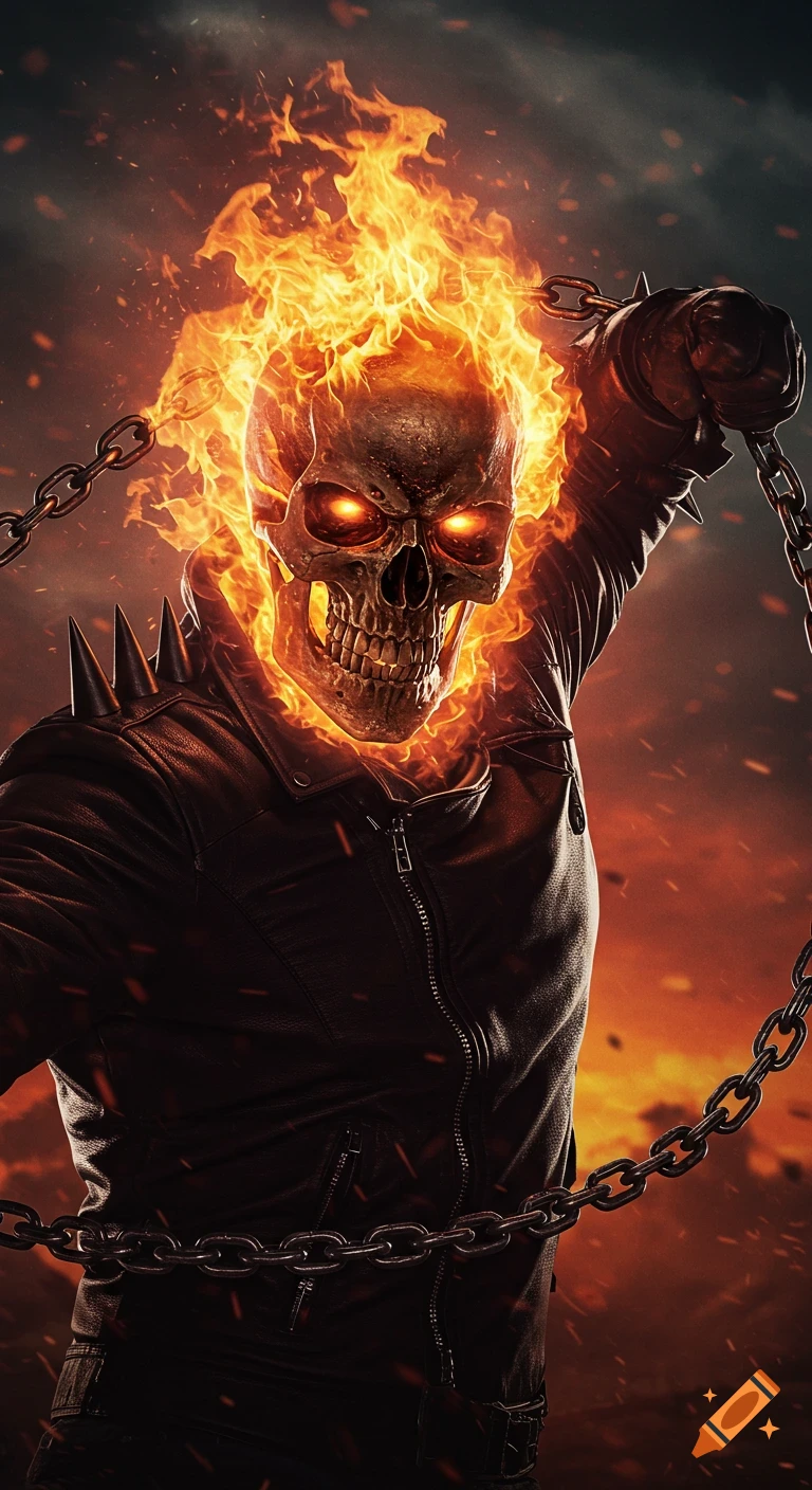 Close-up of Ghost Rider with a flaming skull head and chains, wearing a leather jacket.