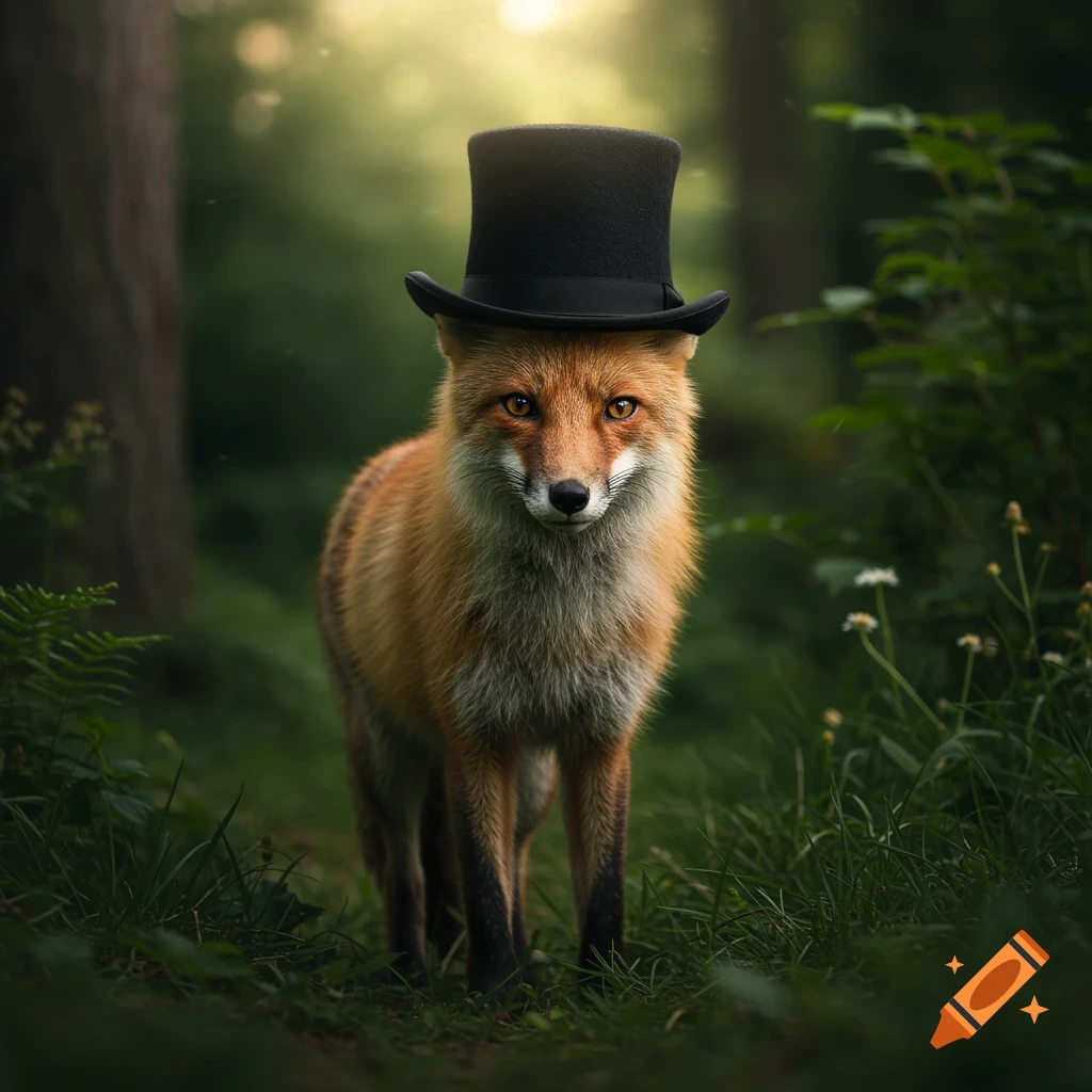 A red fox wearing a black top hat stands in a sunlit forest.