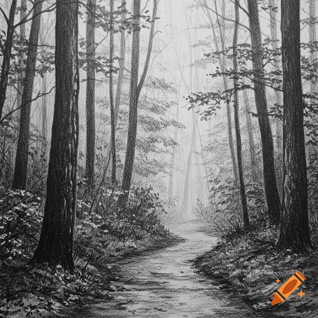 Pencil sketch of a forest path with light shining through trees.