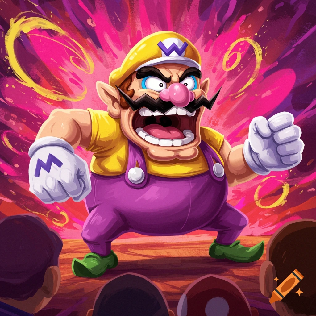 Wario yelling with swirling energy around him.
