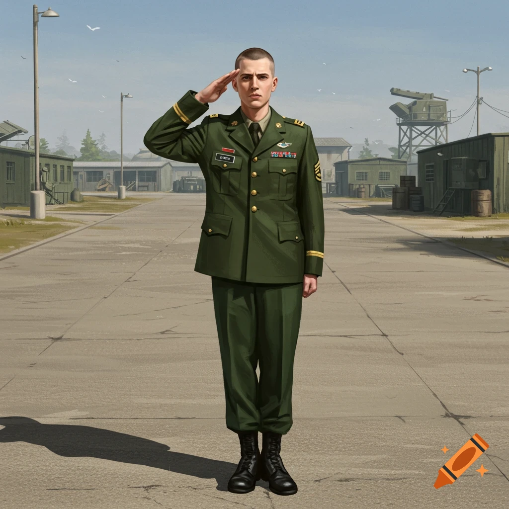 A man in a military uniform saluting at a base.