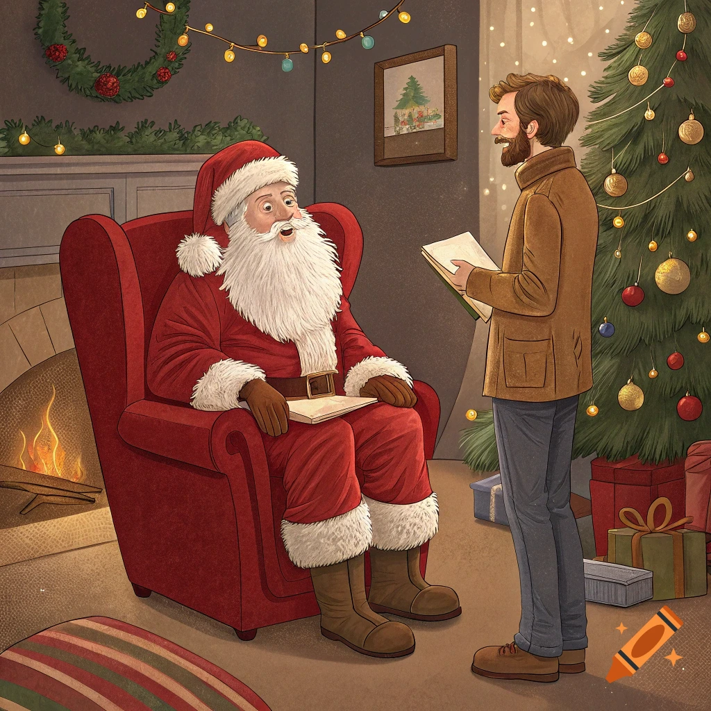 Illustration of Santa Claus talking to a man by a fireplace in a room decorated for Christmas.