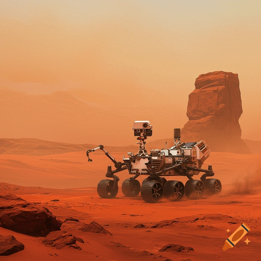 A Mars rover explores a rocky red Martian landscape under an orange sky.