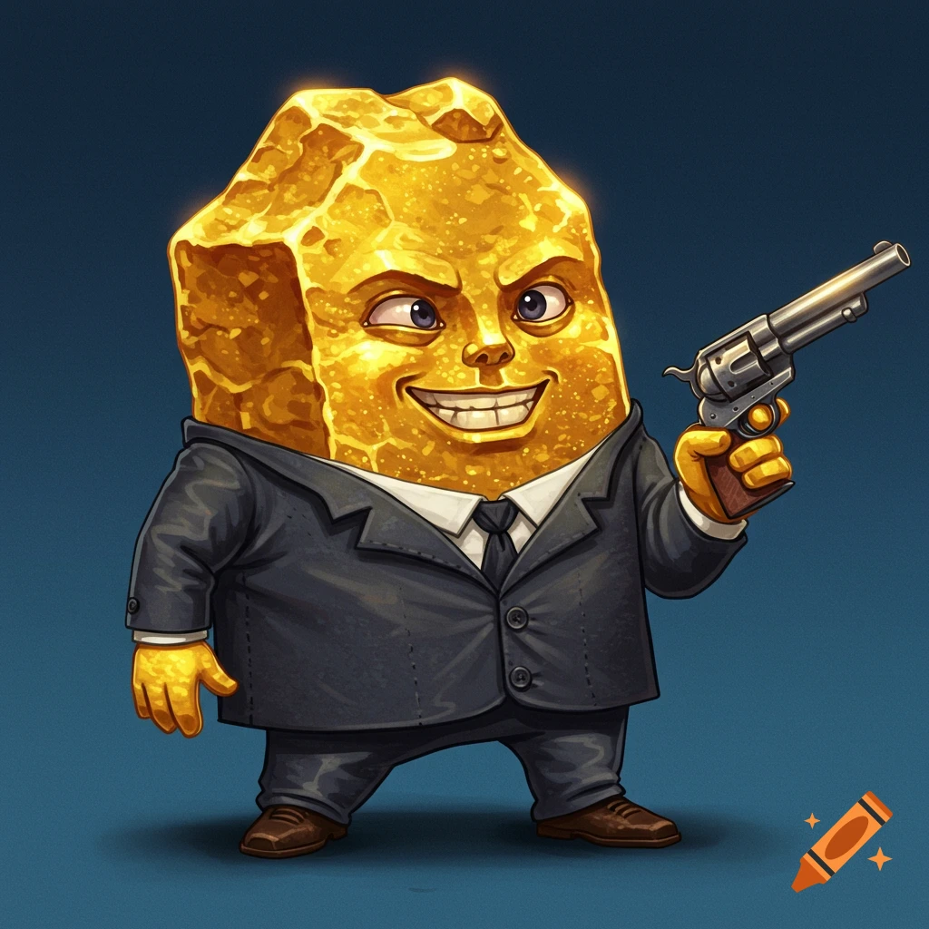 Cartoon illustration of a gold nugget character in a suit holding a revolver.