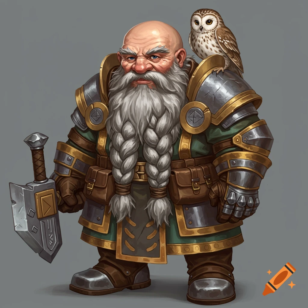 A bald dwarf in armor with a braided beard holds a hammer, and an owl perches on his shoulder.