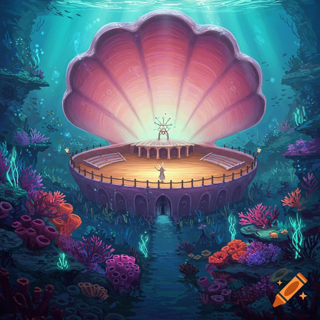 An underwater scene with a giant shell auditorium nestled in a coral reef, featuring a figure on a stage.