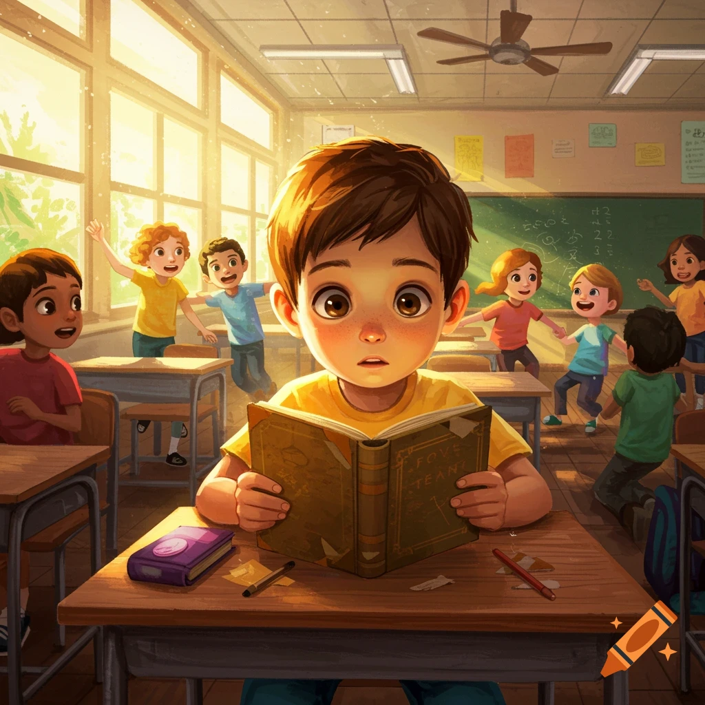 A young boy reads a book in a vibrant, sunny classroom full of other children playing.