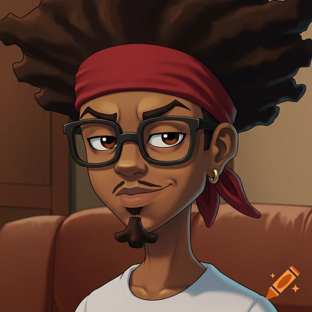 Cartoon portrait of a man with afro, red bandana, glasses, and goatee.