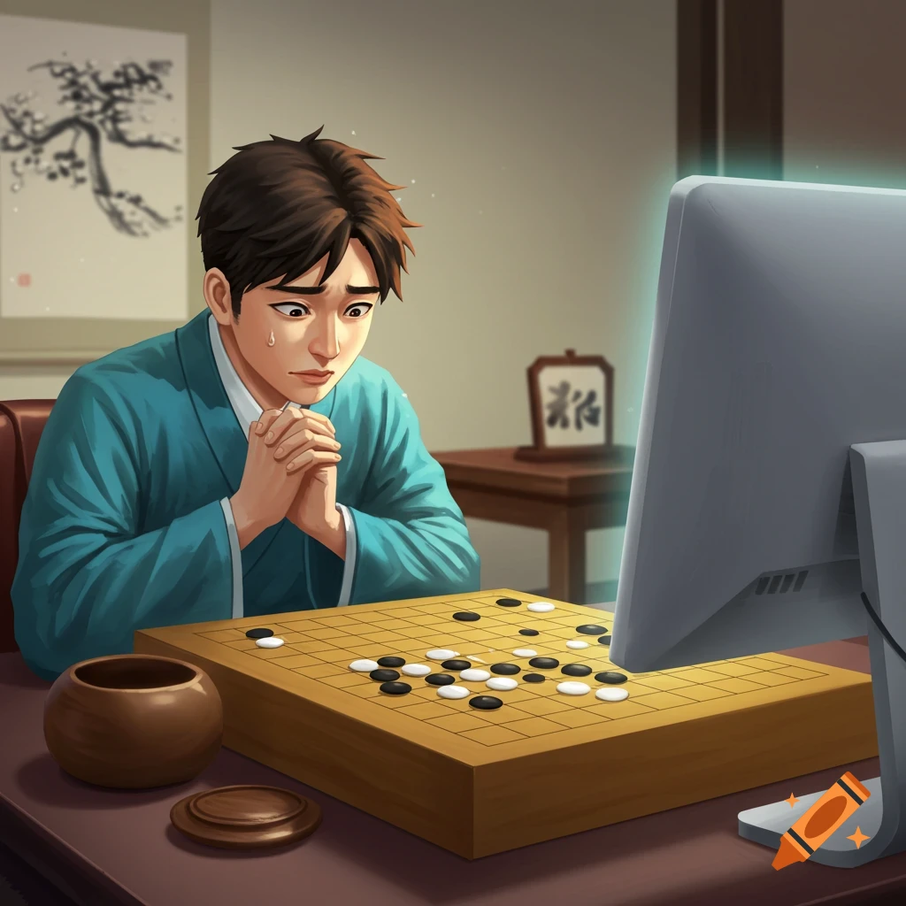 A distressed young man losing a Go game to a computer.