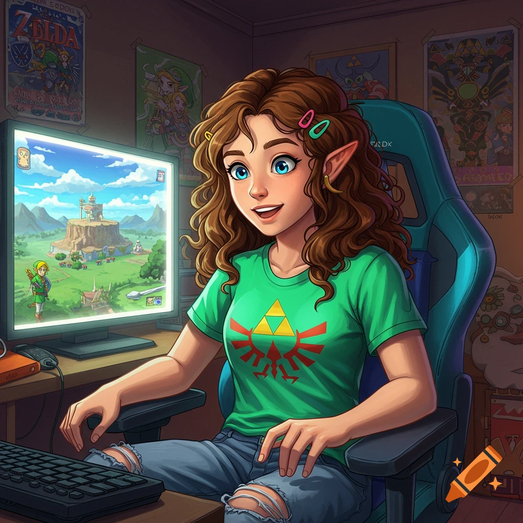 A young woman with elf ears plays The Legend of Zelda on a computer, surrounded by game posters.