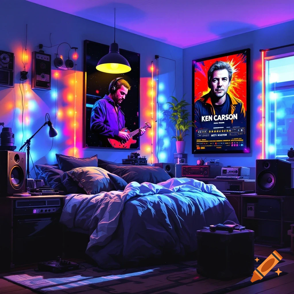 A bedroom with music equipment, LED lights, and posters including one of Ken Carson.